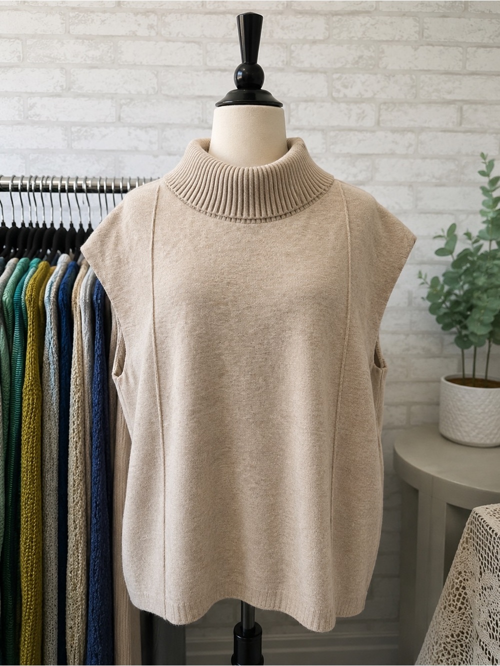 Miracle Sleeveless Turtleneck Knit Vest in Beige